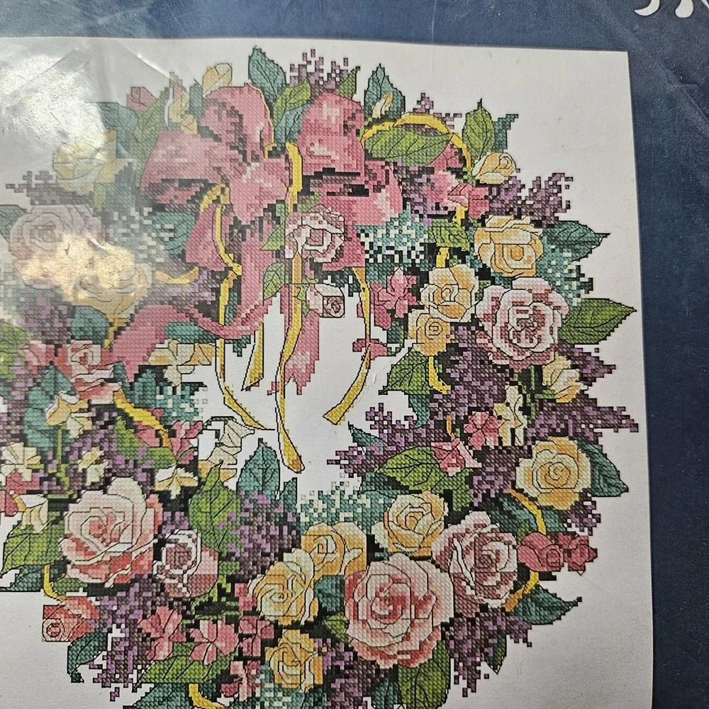 Floral Rose‎ Wreath Cross Stitch Kit 11CT Picture 45x45cm Fabric New Needles